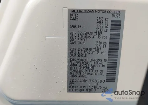 2023 Infiniti Qx60 Sensory Awd z USA, uszkodzony, nr VIN 5N1DL1GS6PC368290